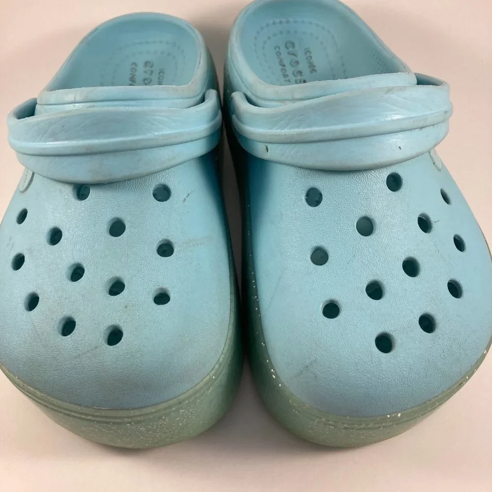 Blue sparkly platform crocs juniors 1